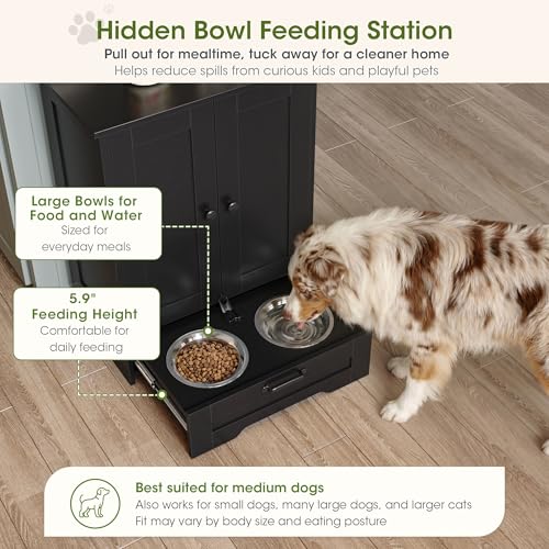 Dog Feeding Station with Storage Cabinet, Black Wood Dog - Image 4