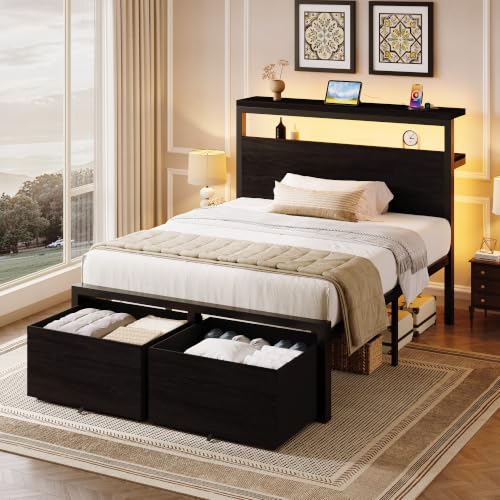SHA CERLIN Twin LED Bed Frame, 2 Storage Drawers - Image 4