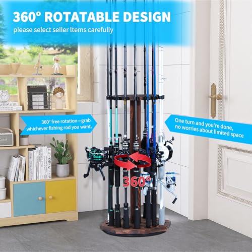 360° Rotating Natural Wood Fishing Rod Holder, Round - Image 4