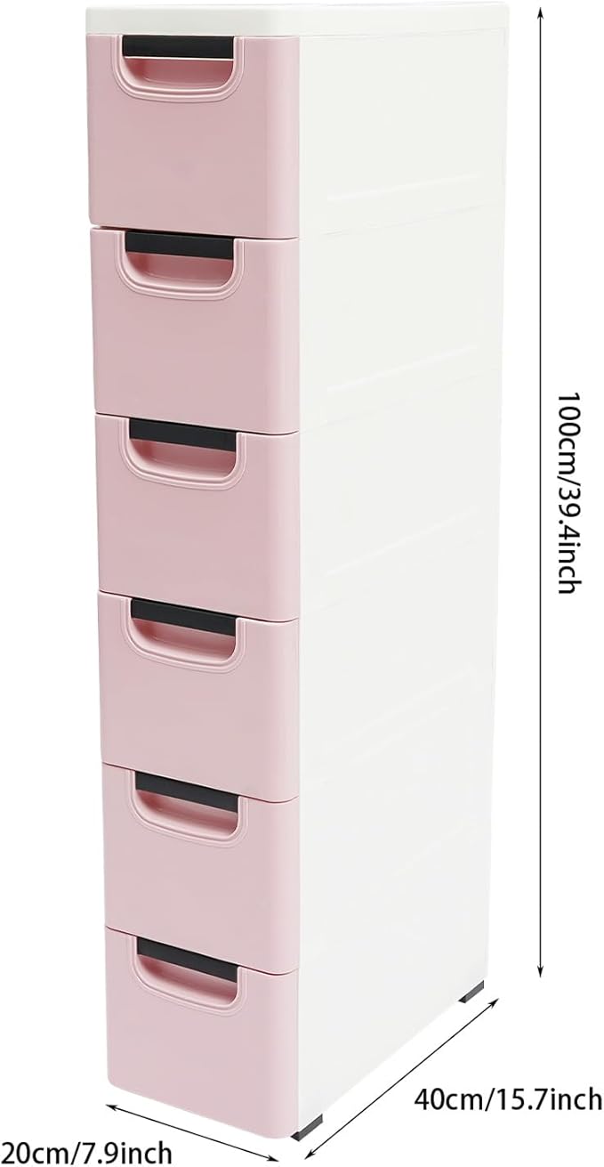 6 Drawers Storage Cart Rolling Storage Drawer Cart Narrow Plastic Dresser Rolling Organizer Cart Storage Unit on Wheels Bathroom Art Craft Supplies Mobile Slim Utility (Dark Pink)