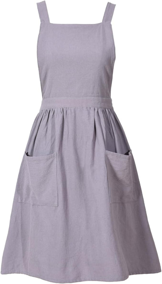 Cotton Linen Pinafore Apron Dress for Women with Pockets Cute Art Chef Aprons for Kitchen Baking Gardening Painting
