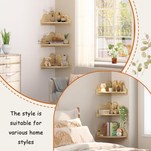 Cloud Rattan Corner Floating Shelves,3 Pack Solid Wood Boho - Image 8