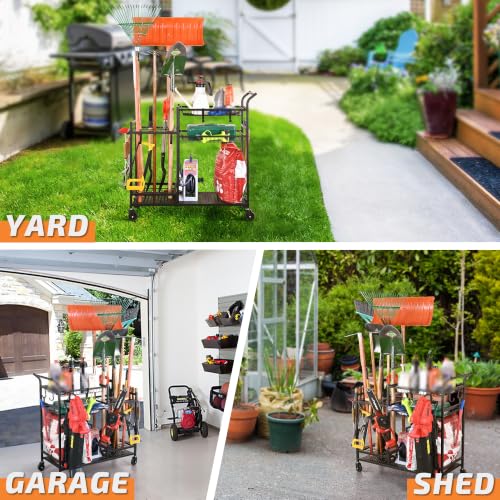 Rolling Garden Tool Organizer with Shelves and Hooks, Black - Image 5