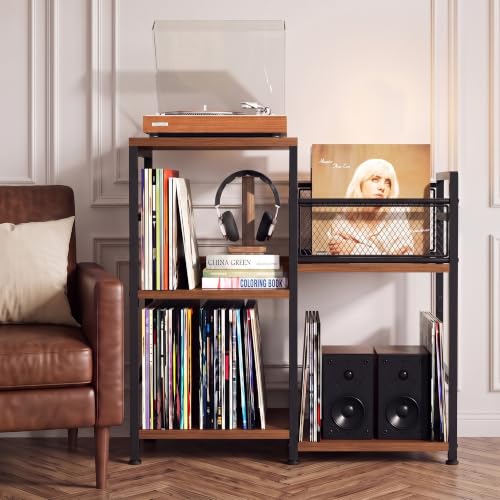 Record Player Stand with Outlet and Vinyl Storage, Warm Acacia - Image 6