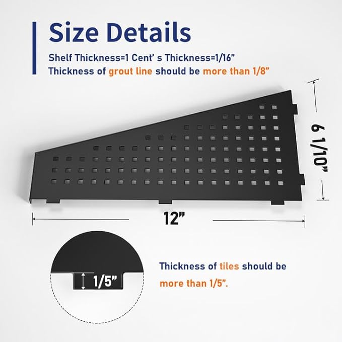 Corner Shower Shelf, Matte Black 12" 304 Stainless Steel Trapezoid Grout in Shelf with Grid Hollows Design, Recessed Bathroom Shelves for Tiled Wall Retrofit, 2 Pack