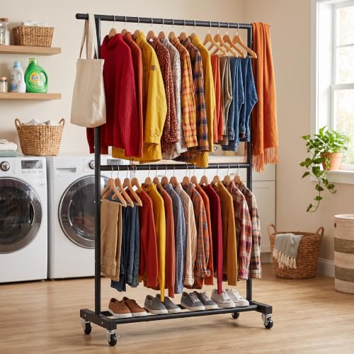 Sywhitta Double Rod Metal Clothing Garment Rack on Wheels, Black - Image 7