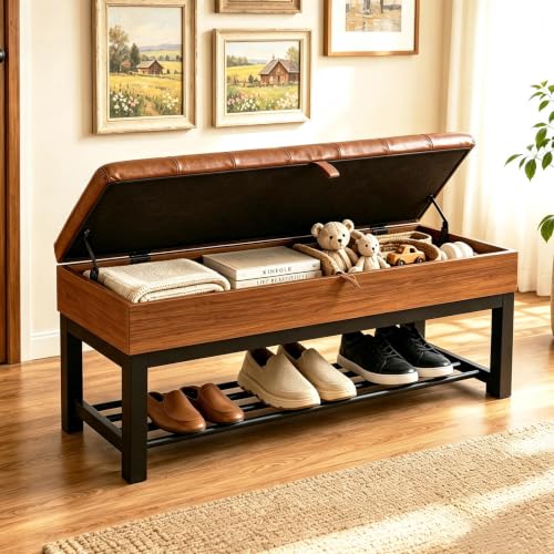 43.3'' Storage Bench with Shoe Rack, Tufted Entryway Bench - Image 2