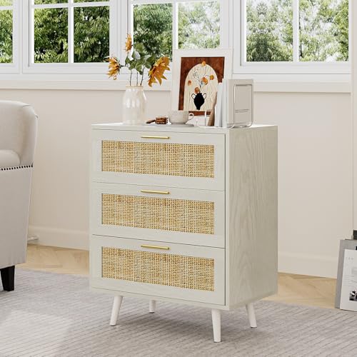 Trironsun Rattan Night Stand Boho End Table with 3 Storage Drawer - Image 6