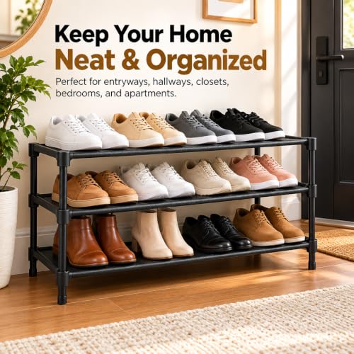 3-Tier Stackable Shoe Rack for Small Spaces, Black Shoe Organizer - Image 4