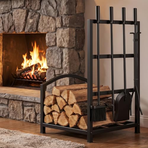 Fireplace Tools Set with Log Rack Holder, Heavy-Duty Steel Frame - Image 2