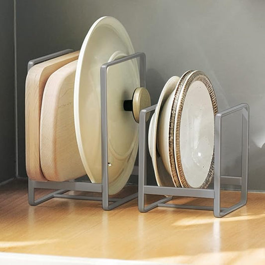 2PCS Plate Holders Organizer, Metal Dish Storage Dying Display Rack for Cabinet, Counter and Cupboard, Grey, Small and Large