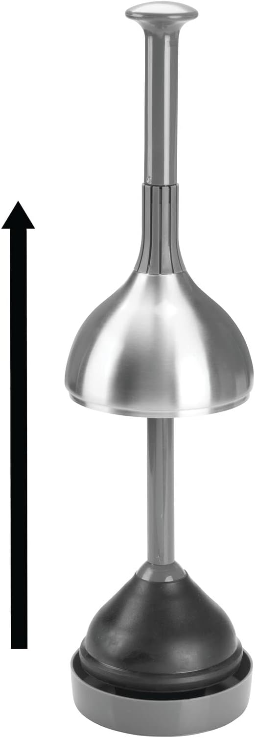 mDesign Bathroom Toilet Bowl Plunger Set with Lift & Lock Cover, Compact Discreet Freestanding Storage Caddy with Base, Modern Design - Heavy Duty Gray/Brushed Stainless Steel
