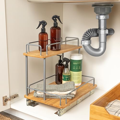 Household Essentials Bamboo and Silver Iron Two-Tier Slide-Out - Image 3