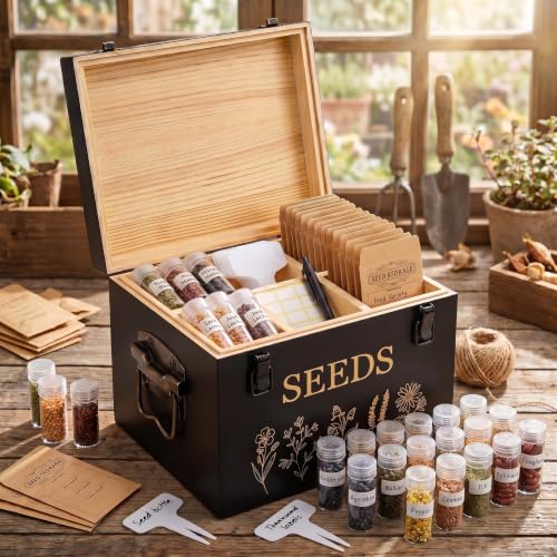 Bamboo Wood Seed Storage Organizer Box, Garden Tools Saving Kit - Image 2