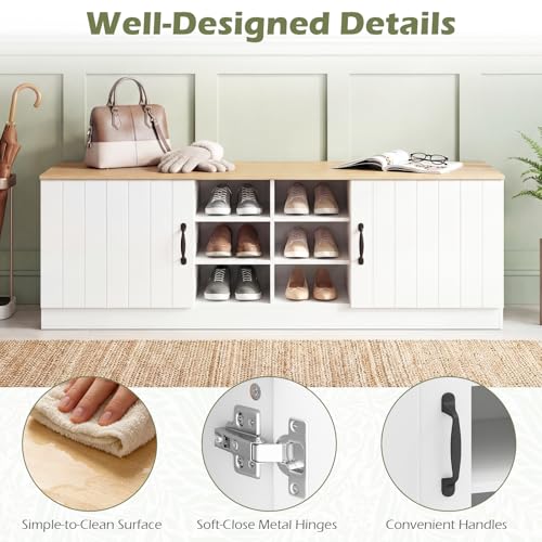 GIANTEX 2-Door Shoe Storage Bench, Wooden Entryway Bench - Image 6