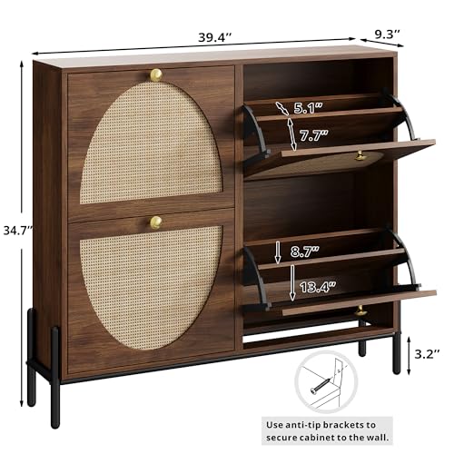 IRONCK Rattan Shoe Cabinet Storage with 4 Flip Drawers, Walnut - Image 4