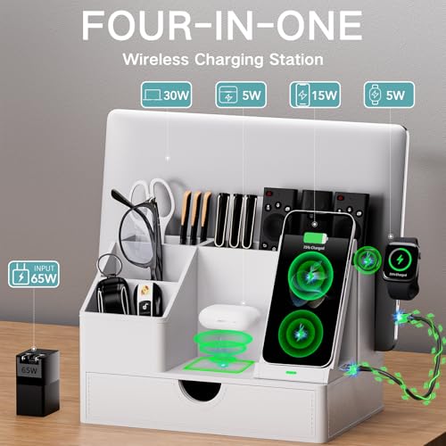 Sleek White PU Leather Charging Station with Drawer - 6-in-1 - Image 3