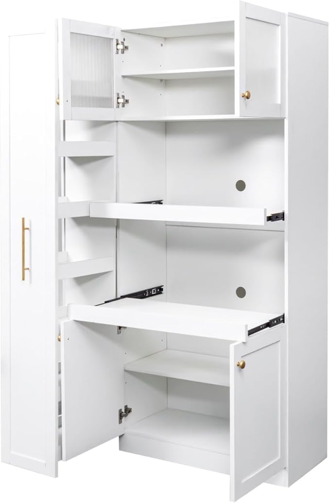 KEIKI 70.87" Tall Kitchen Pantry Storage Cabinet with Pull-Out Multi-Tier Shelf, Countertop, Glass Doors, Microwave Stand, Freestanding Wood Hutch Food Pantries Cupboard for Coffee Bar, Dining Room