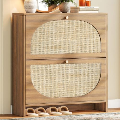 Rattan Shoe Cabinet with 2 Flip Drawers, Arched Accent - Image 2