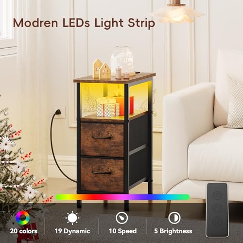 Vagusicc Nightstand with Charging Station and LED Lights, Narrow - Image 5