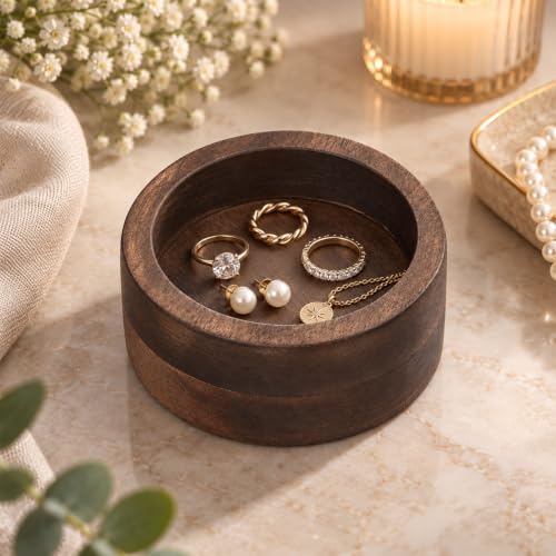 Ring Holder for Men Walnut Wood Ring Tray Round Wooden Jewelry - Image 5