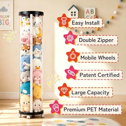 Large Stuffed Animal Storage Tube with Wheels, Tall Toy Organizer - Image 5