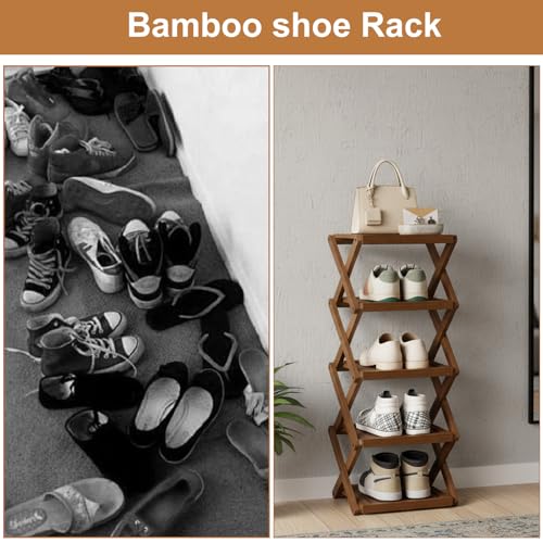 YYW Flat Bamboo Shoe Rack for Entryway, Save Space Folding Narrow - Image 6