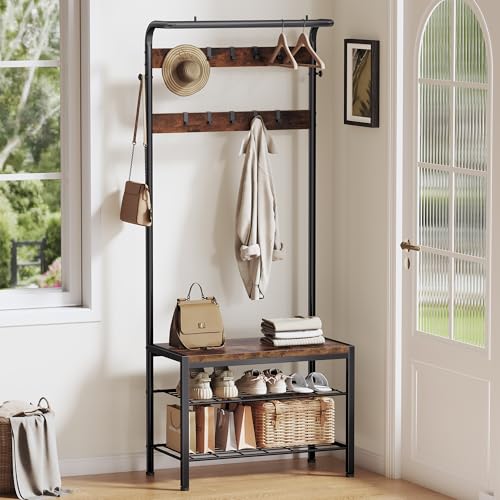 DUMOS 5-in-1 Hall Tree with Coat Rack and Shoe Bench - Image 2