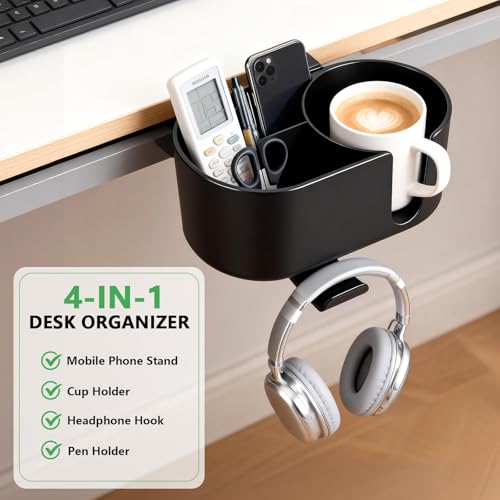 4 in 1 Desk Cup Holder Clamp on Under Desk Headphone Hook - Image 6