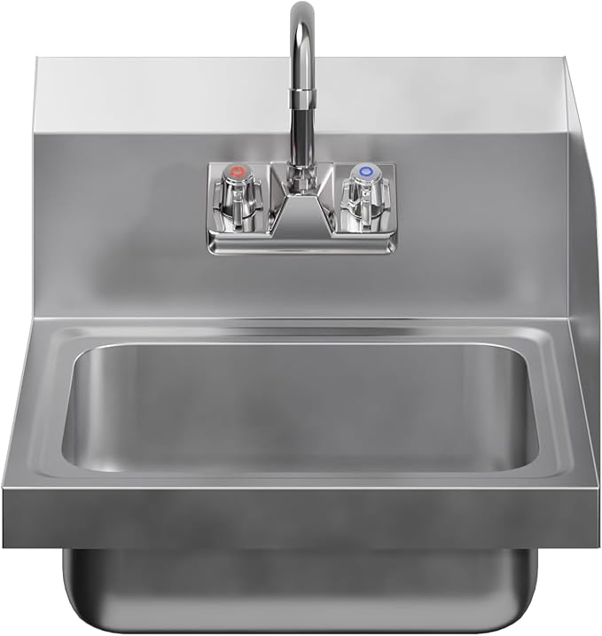 Stainless Steel Hand Sink with Right Side Splash Guard 15” x 17” | Commercial Wall Mount Hand Basin with Gooseneck Faucet, Strainer, Back Splash | NSF Certified