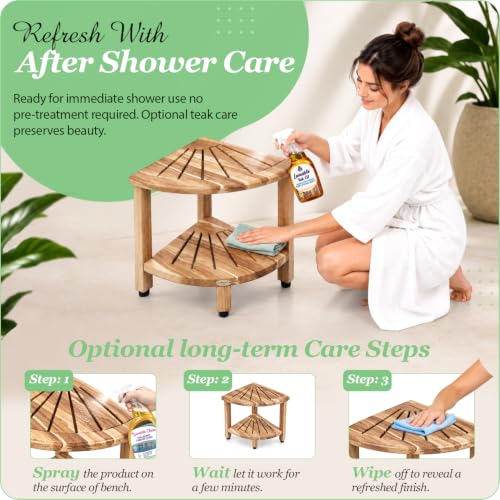 EcoDecors 18" Corner Teak Shower Bench with Shelf, Waterproof - Image 4