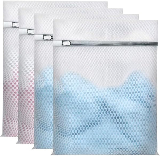 4-Pack Laundry Bags, 40cm Mesh Wash Bags for Delicates & Clothes, Zippered Laundry Organizer Bags for Washing Machine, Soft, Durable & Reusable (White)