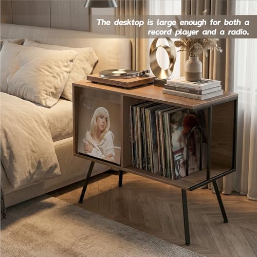 Record Player Stand with Flip-Down Record Shelf, Walnut - Image 6