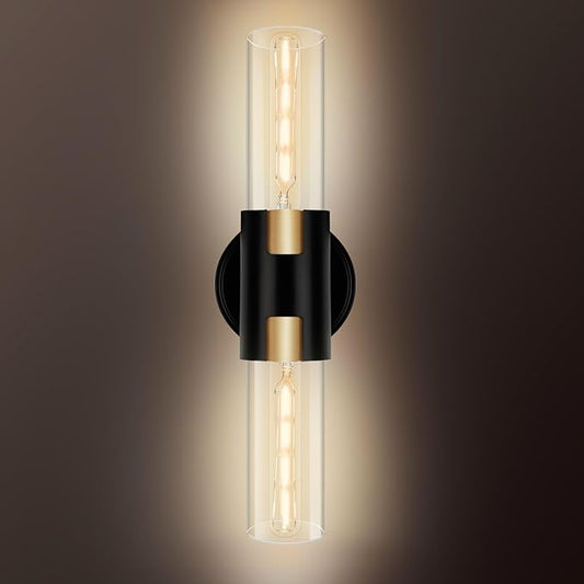 2-Light Bathroom Vanity Light Fixtures, 17.5" Indoor Wall Sconce with Clear Glass, Modern Cylinder Wall Lights for Bathroom, Bedroom, Hallway, Stairways, Living Room (Matt Black)