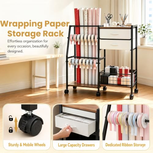 Wrapping Paper Storage Cart, Rolling Gift Wrap Rack with Wheels - Image 6