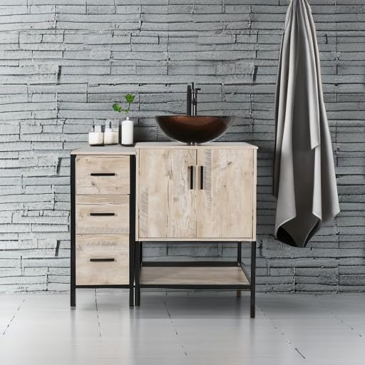 eclife 36" Bathroom Vanity Sink Combo Modern Metal Stand Cabinet W/Bottom Shelf & Storage Side Cabinet Brown Round Vessel Sink & Water Save Faucet & Pop Up Drain, Oak (A09)