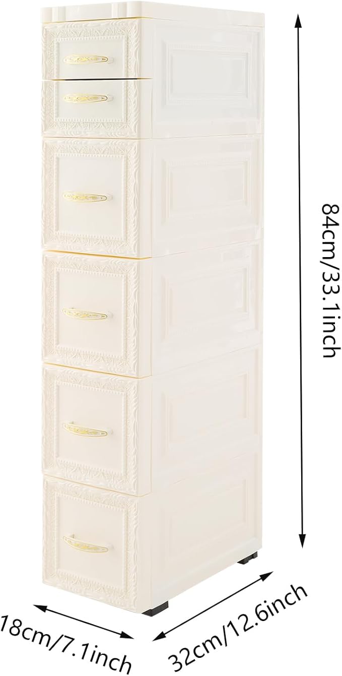 6 Drawers Narrow Plastic Bathroom Storage Cabinet with Wheels Slim Storage Organizer Vertical Storage Tower Container for Small Spaces, Bedroom, Bathroom, Laundry, Closet, White
