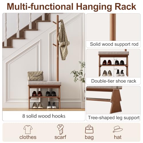 Coat Rack with Shoe Storage, Shoe Rack with 8 Hook, Walnut - Image 7