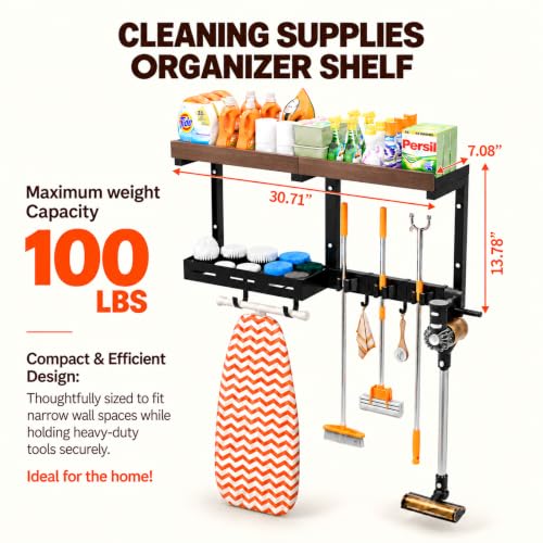 Broom and Mop Organizer with Storage Basket – Wall-Mounted Holder - Image 3