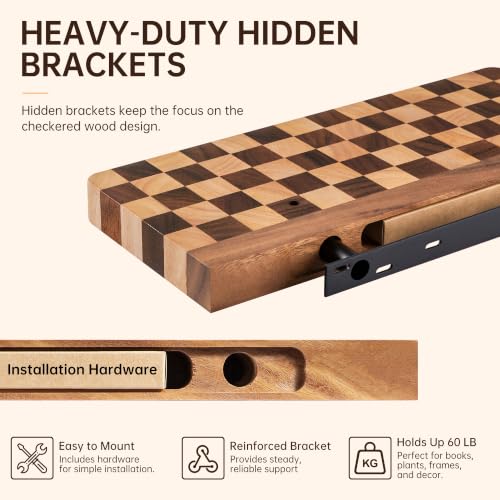 Floating Shelves for Wall, 16 Inch Solid Wood Checkered Wall - Image 5
