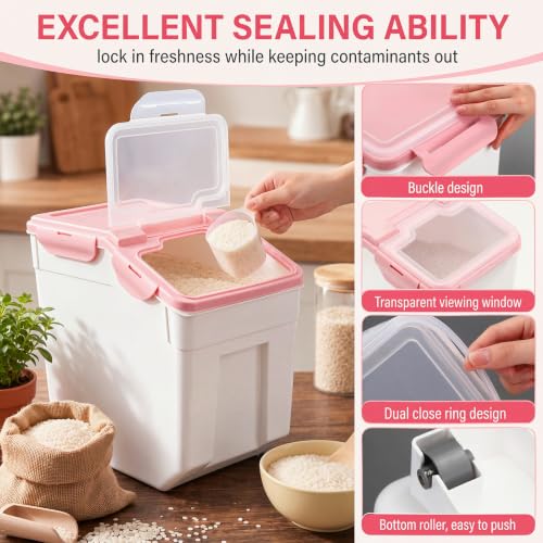 Sunnyray 4 Pcs 55 Lbs Rice Flour Storage Bins with Wheels, Pink - Image 5