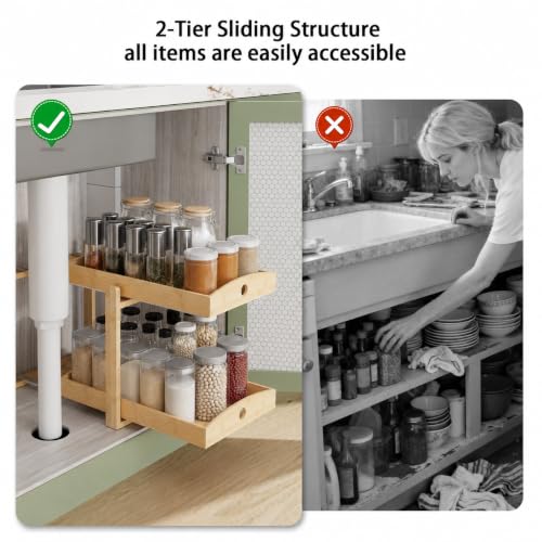 Bamboo Under Sink Organizer 2 Tier Pull Out Cabinet Storage - Image 7