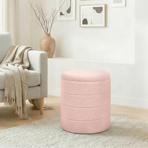 14.5" Round Storage Ottoman, Boucle Sherpa Ottoman with Tray - Image 3
