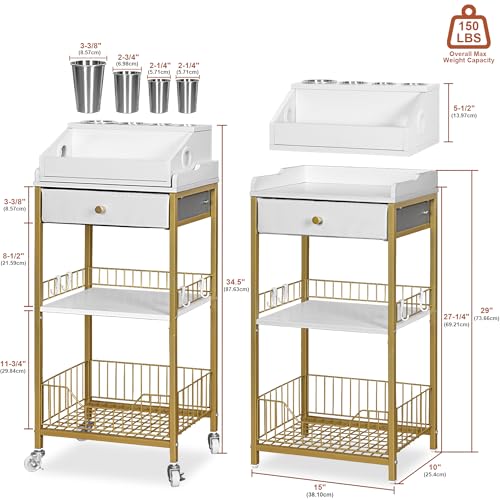 Makeup Organizer Cart, Rolling Vanity Storage, Gold and White - Image 3