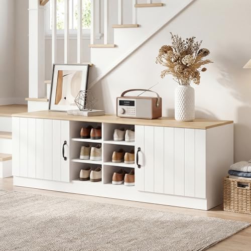 GIANTEX 2-Door Shoe Storage Bench, Wooden Entryway Bench - Image 4