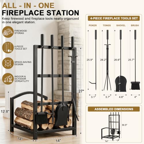 Fireplace Tools Set with Log Rack Holder, Heavy-Duty Steel Frame - Image 3