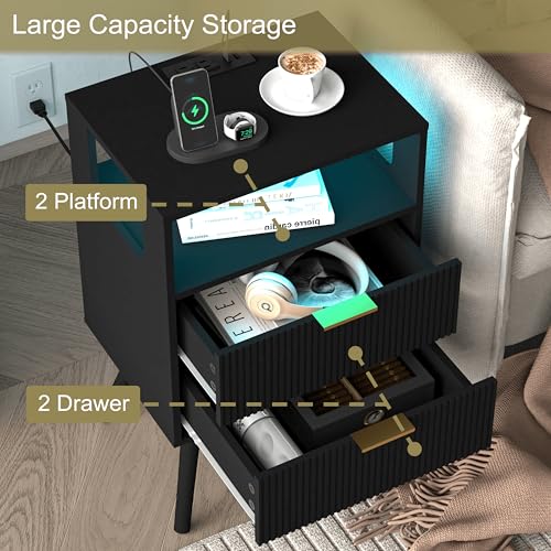 JOONEE Black Nightstand with Charging Station and LED - Image 7