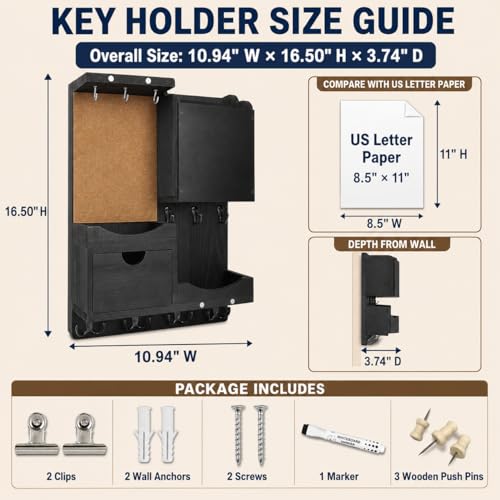 Key Holder Wall Mount with Drawer and Mail Organizer, Black - Image 4