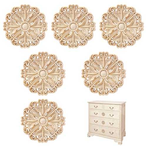 NBEADS 6 Pcs Decorative Wood Round Carved Appliques Onlays - Image 2