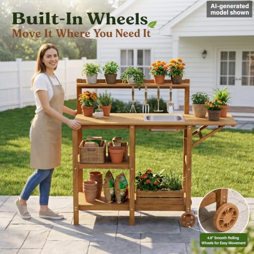 YEFU Potting Bench with Sink, All-Weather Resistant,Teak - Image 7